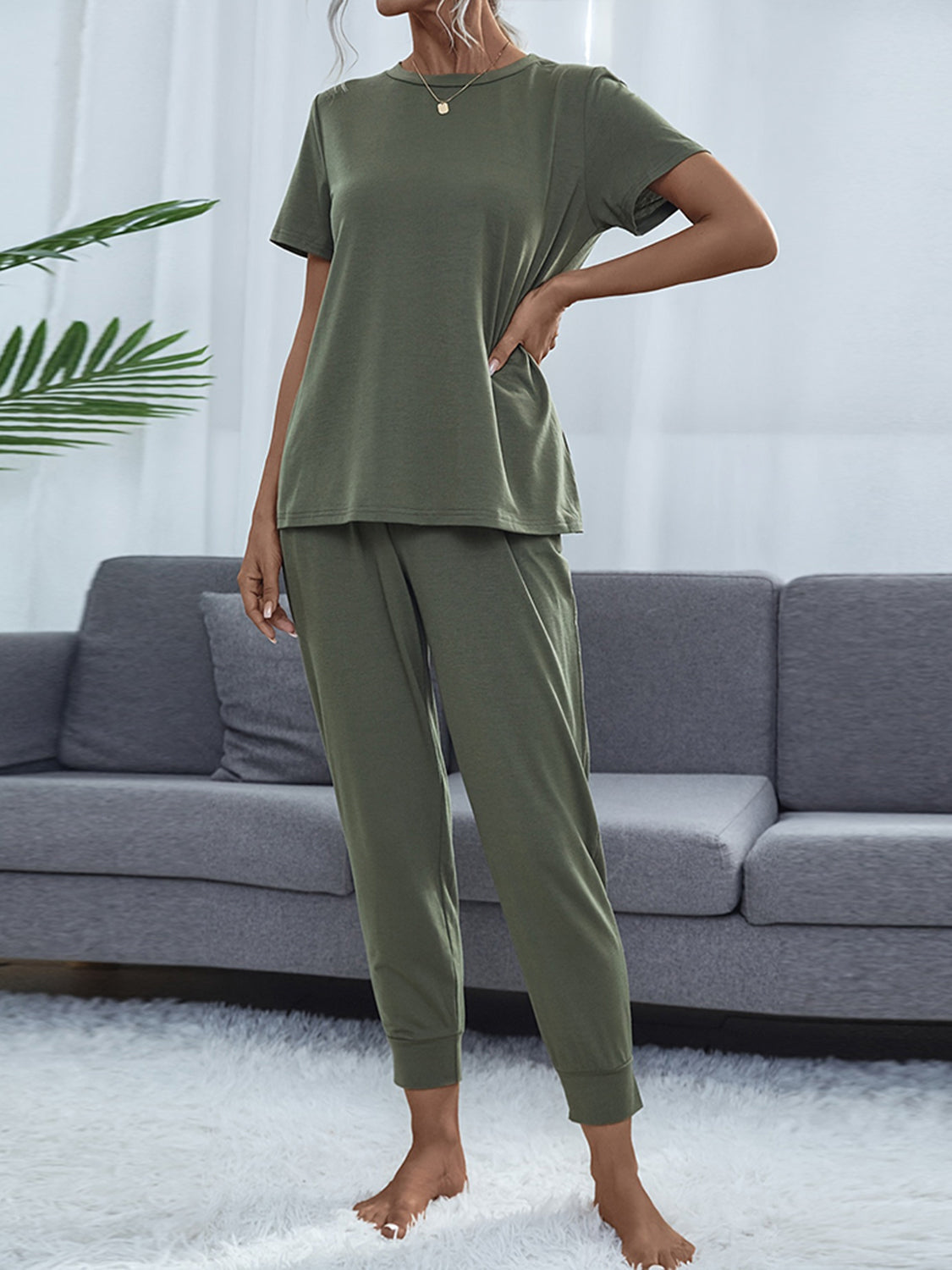 Shiny Round Neck Short Sleeve Top and Pants Set - Fashorio