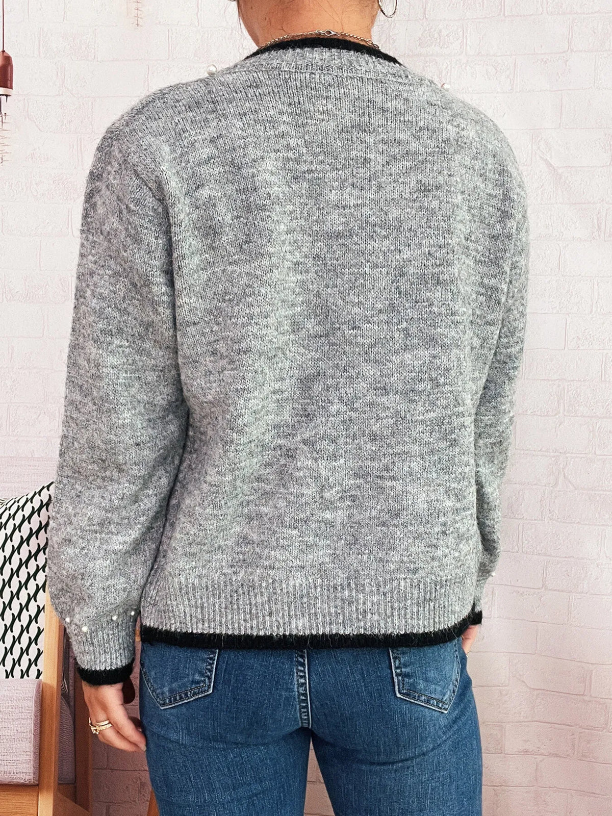 pearl button front ribbed cardigan close up