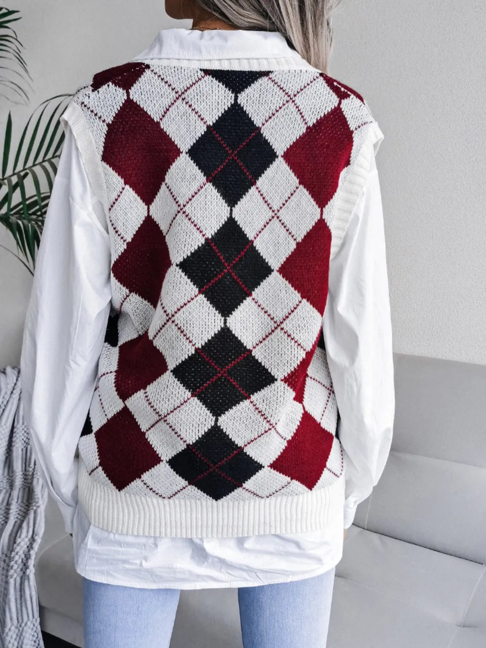 Plaid V Neck Sweater Vest in Khaki view 9