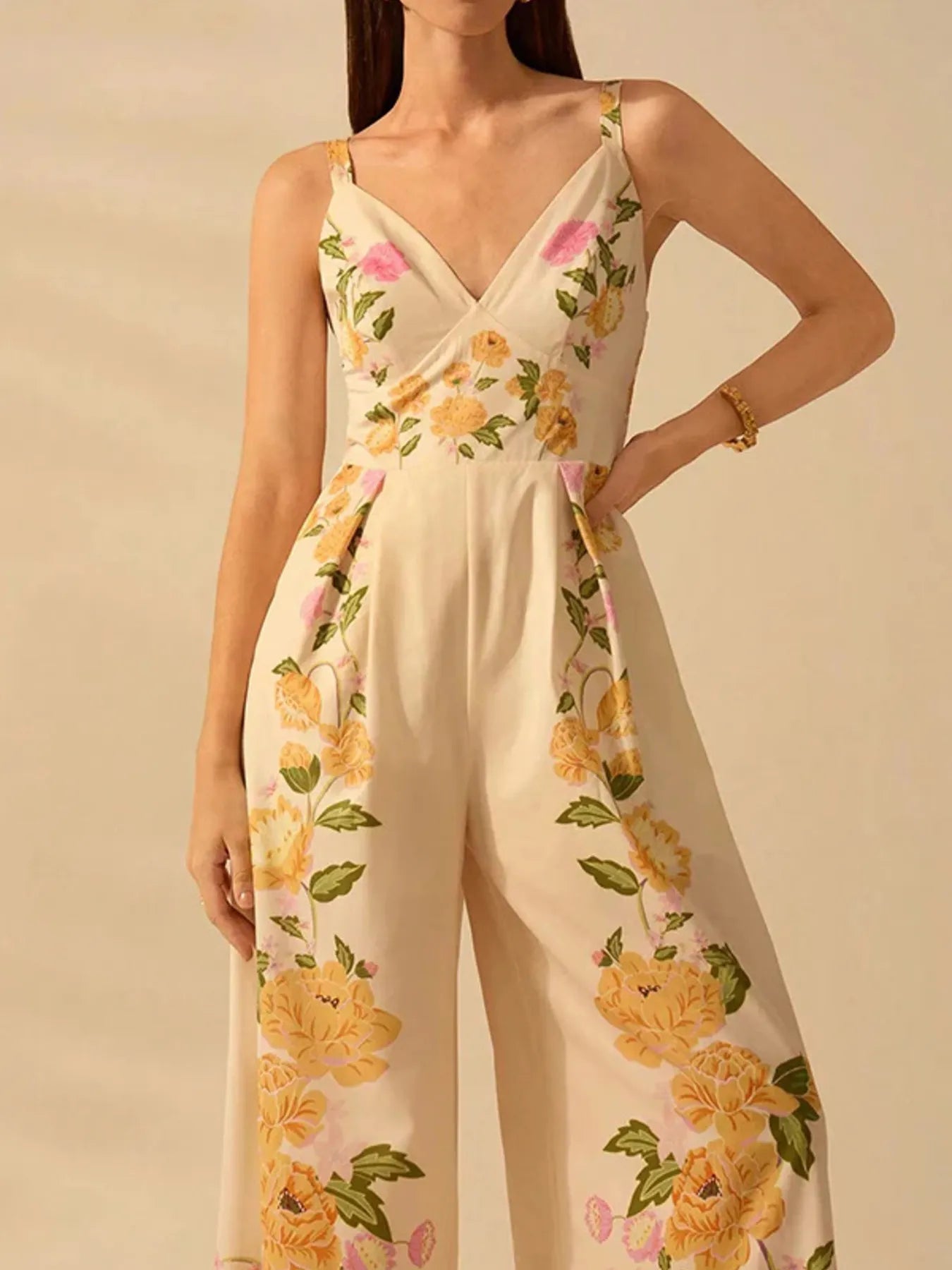 Floral Print Wide-Leg V-Neck Cami Jumpsuit Sherbet - Fashorio