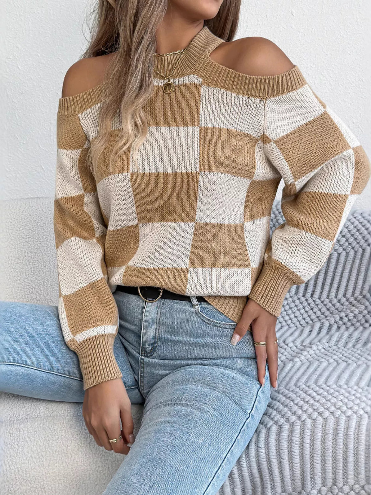 Checked Cold Shoulder Long Sleeve Sweater view 12