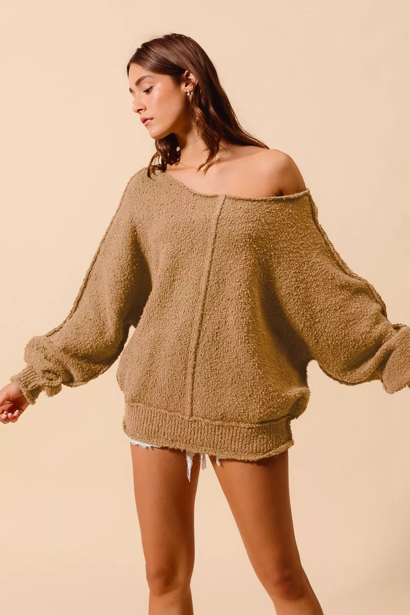 Slouchy Boucle Exposed Seam Sweater in Taupe detail
