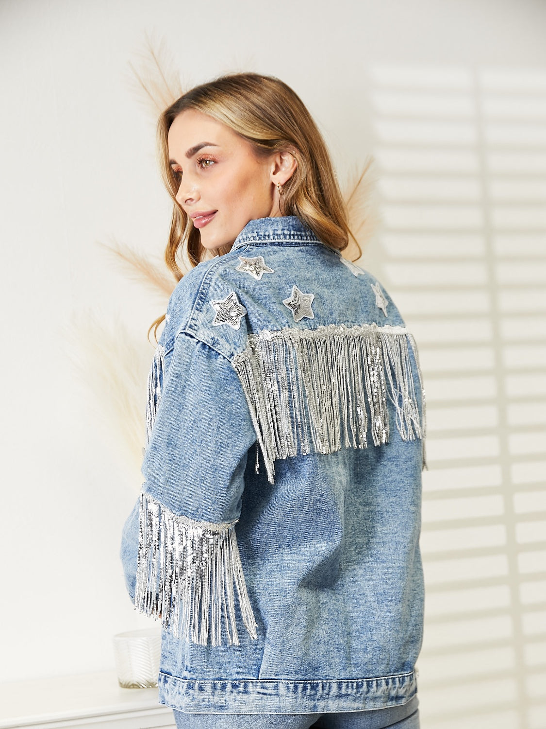 Fringe Detail Long Sleeve Denim Jacket - Fashorio