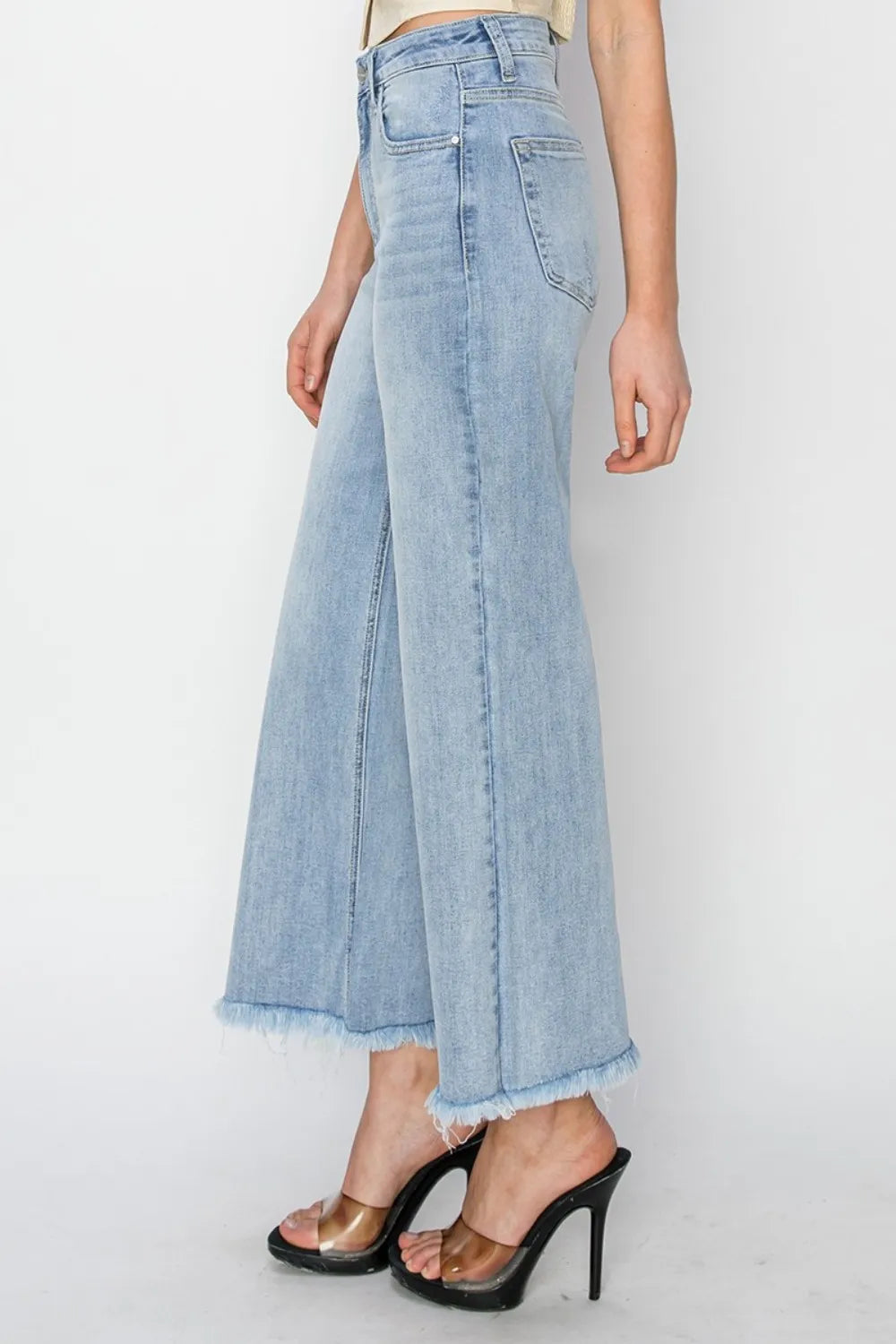 RISEN High Rise Crop Wide Fray Hem Jeans - Fashorio