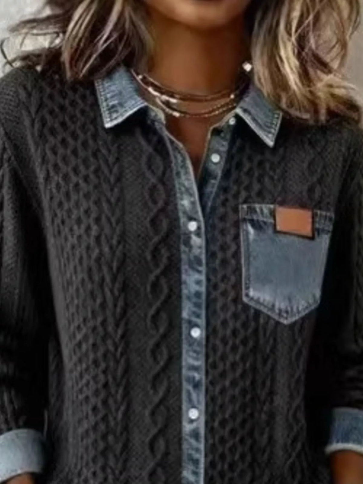 Denim Trim Cable Knit Cardigan, view 6