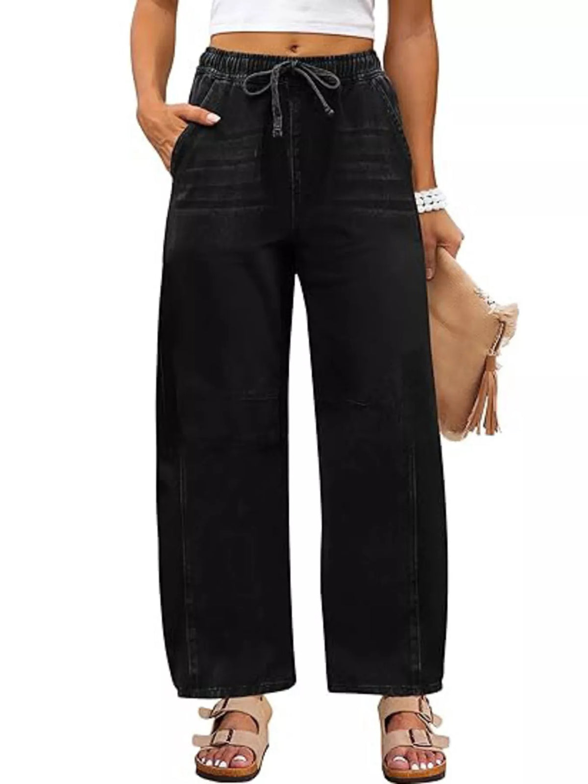 Elastic waist wide leg jeans front view