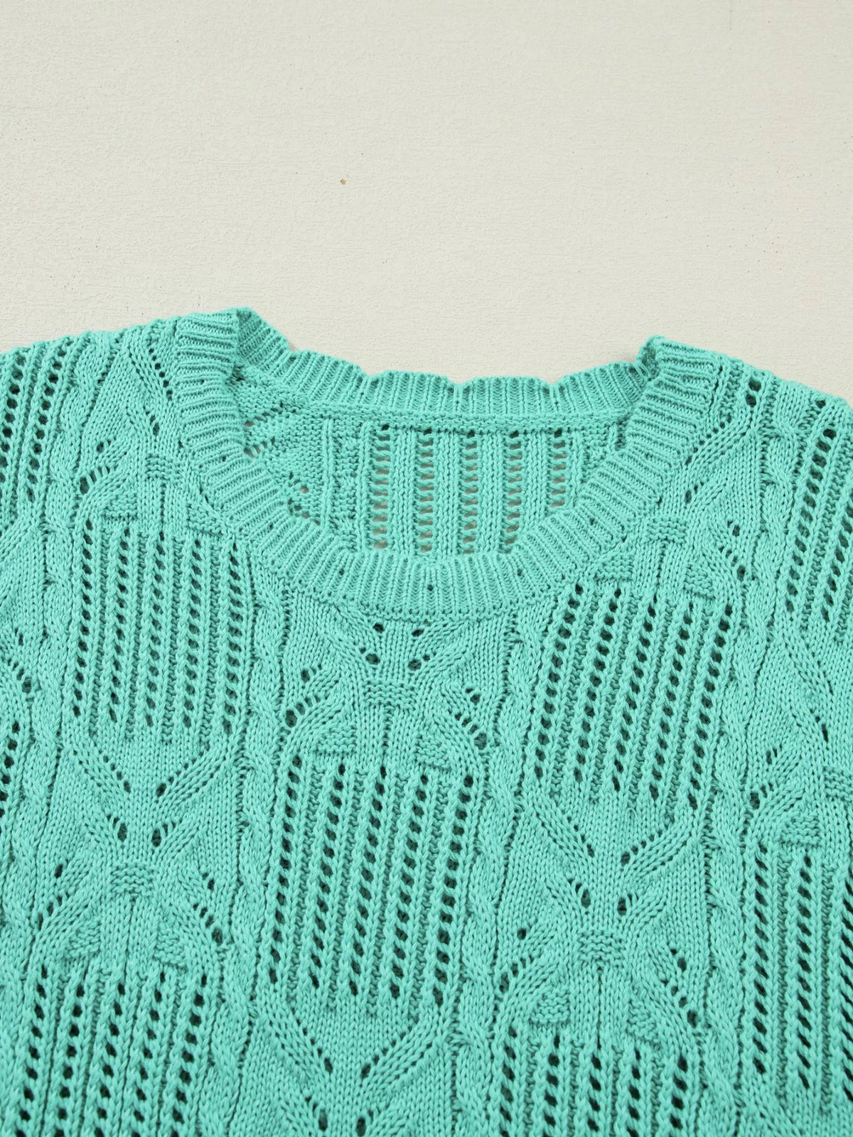 Pointelle Knit Scalloped Trim Short Sleeve Sweater, view 7