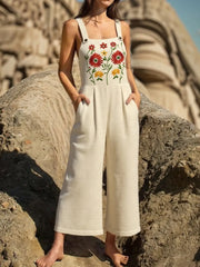 Floral Embroidered Wide Leg Jumpsuit Tan - Fashorio