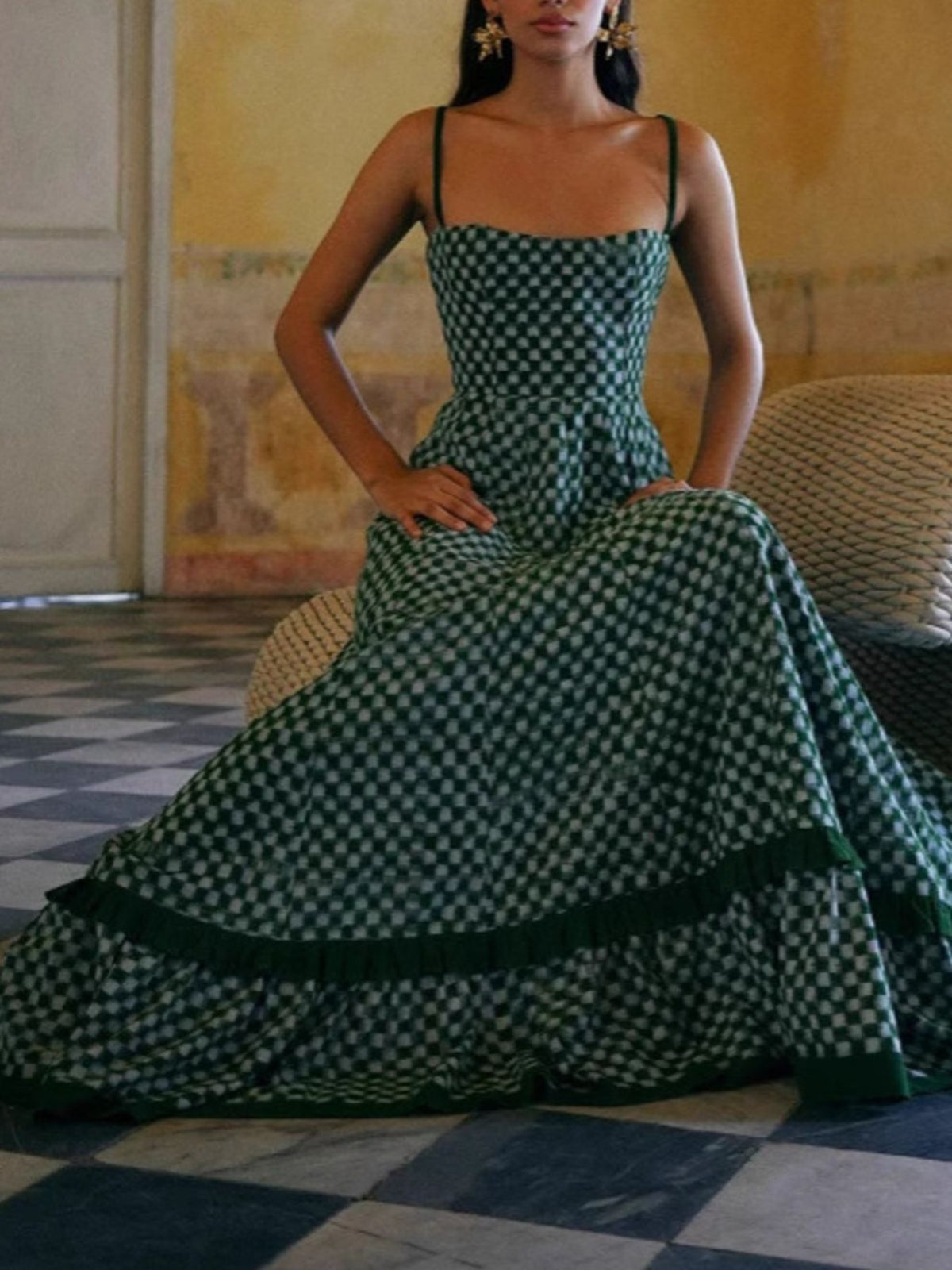 Full length green checkered maxi dress