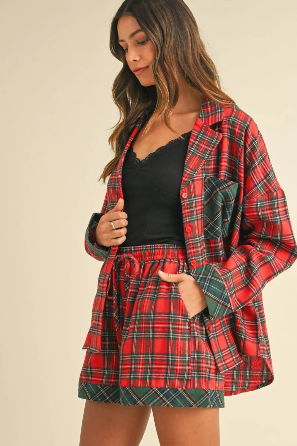 Annie Wear Contrast Plaid Long Sleeve Top and Shorts Set - Fashorio