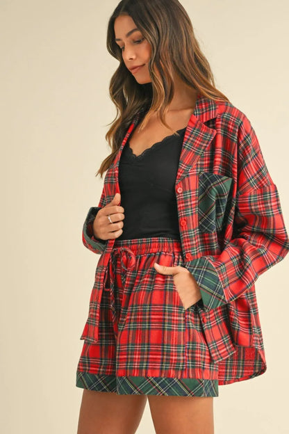 Annie Wear Contrast Plaid Long Sleeve Top and Shorts Set - Fashorio
