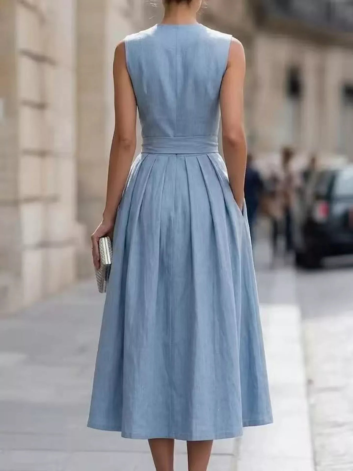 Front view of the midi dress showing the button placket and belt