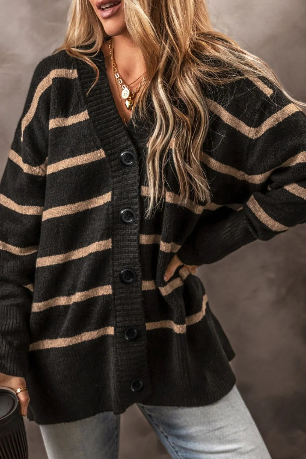 Striped Button Down Long Sleeve Cardigan Black - Fashorio