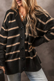 Striped Button Down Long Sleeve Cardigan Black - Fashorio