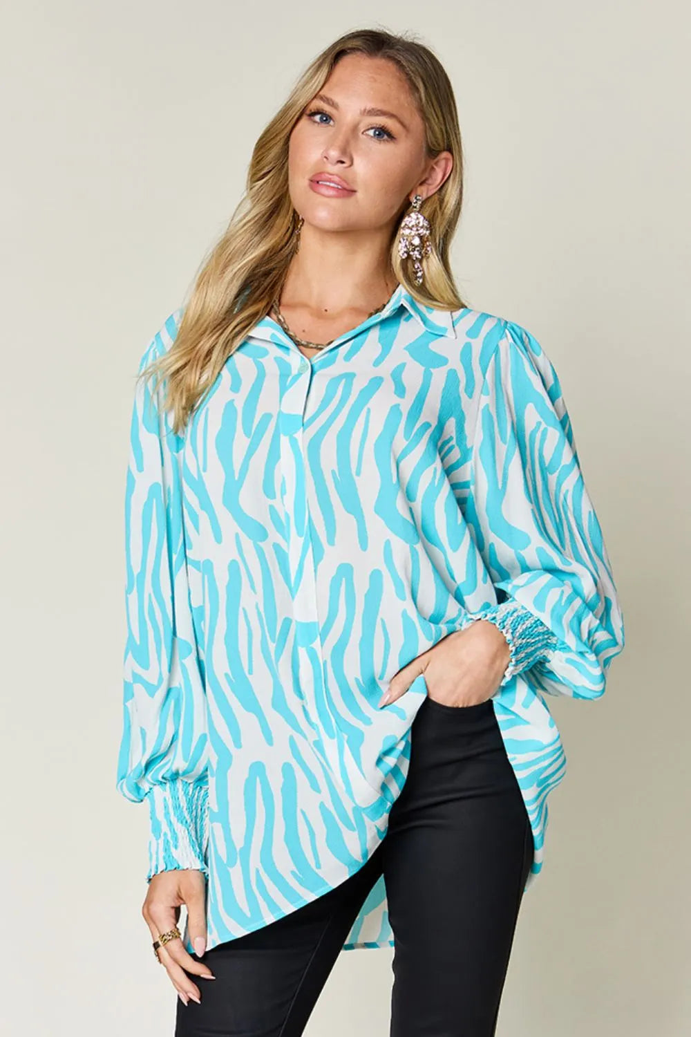 Print pattern close view on the blouse fabric