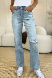 Judy Blue Full Size High Waist Distressed Straight Jeans Light - Fashorio