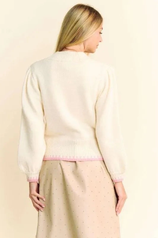 Floral Patch Fuzzy Mock Neck Sweater in Ivory back view