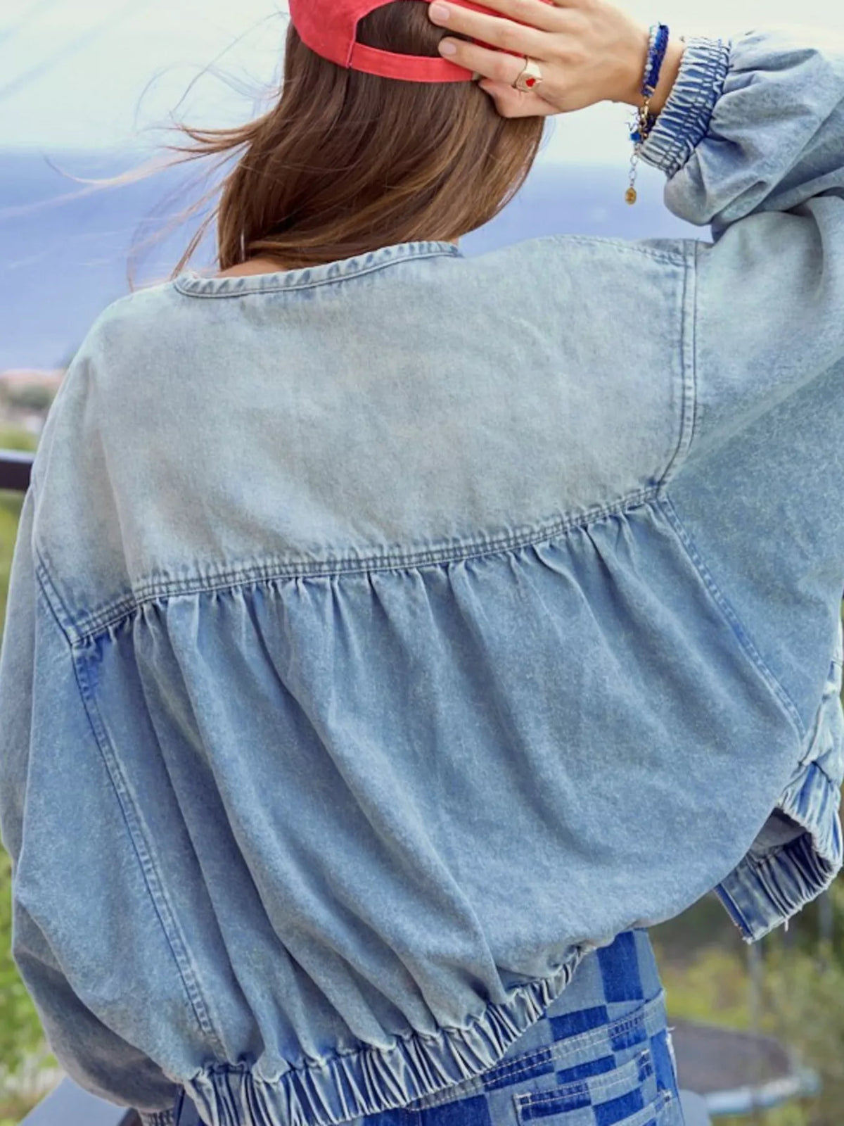 Washed Zip Up Denim Jacket in Medium Wash back view