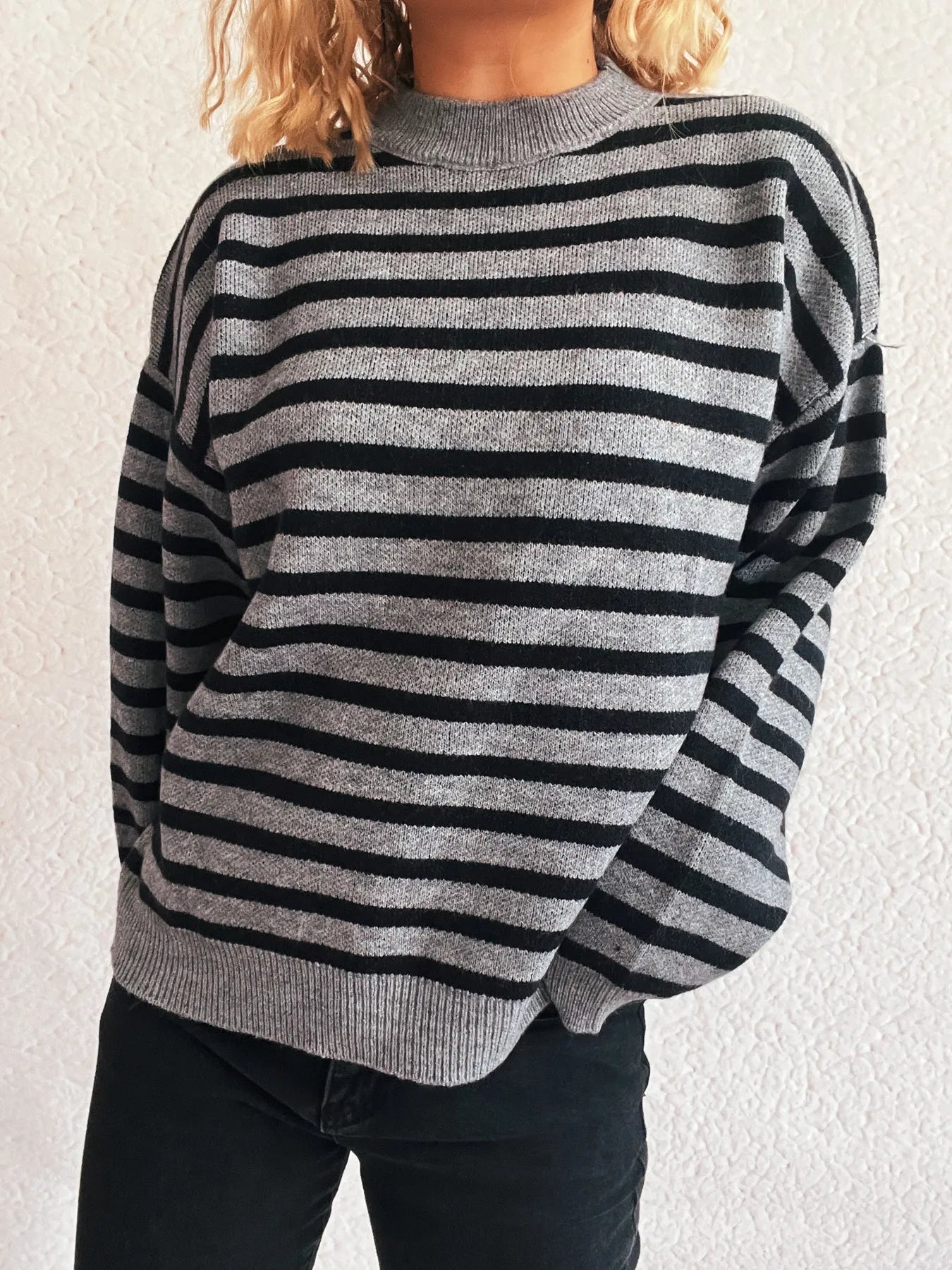 Striped Mock Neck Long Sleeve Sweater Grey - Fashorio