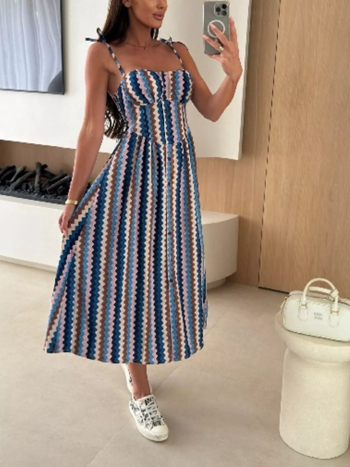 Printed tie strap midi dress front view