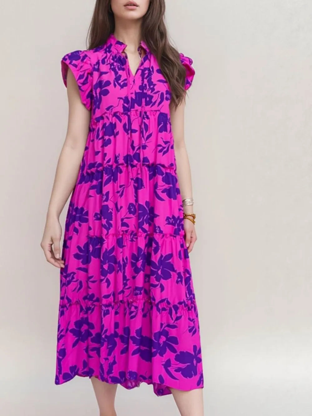 Ruffled printed notched cap sleeve midi dress front view