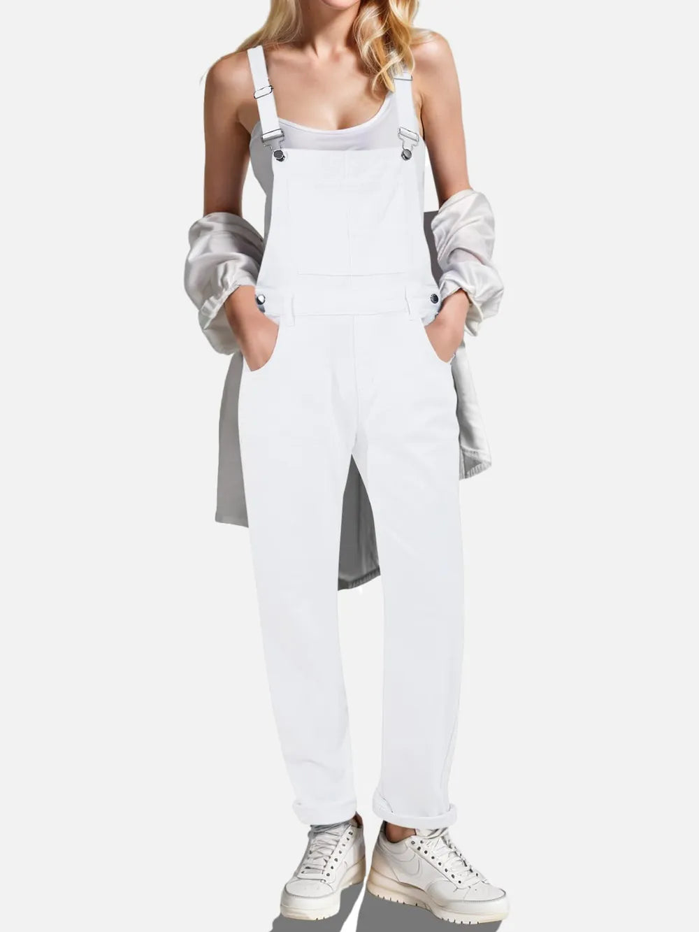 White overall dress square neck and crisscross strap detail
