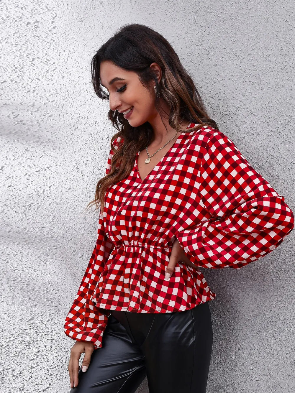 Plaid V-Neck Balloon Sleeve Peplum Blouse - Fashorio