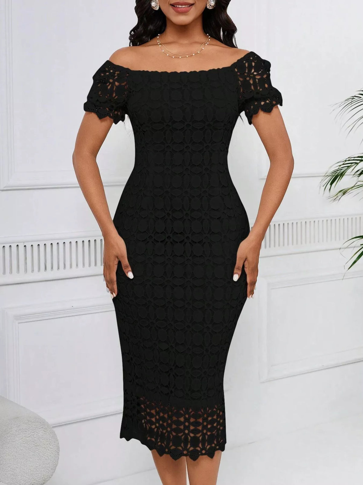lace short sleeve midi dress back detail