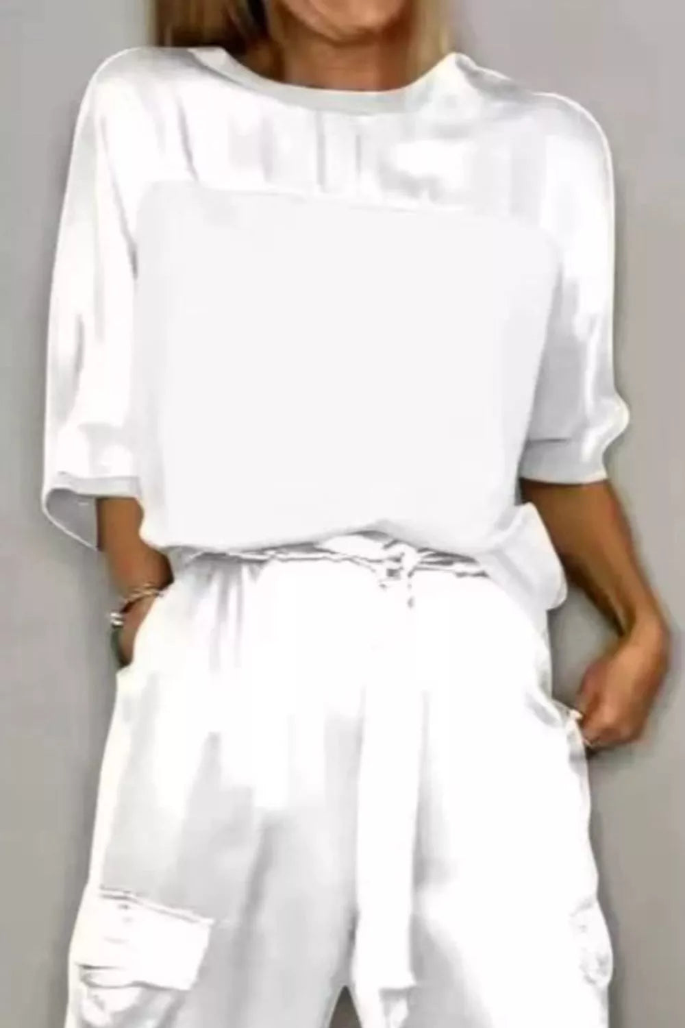 Back view of satin top and pants matching set