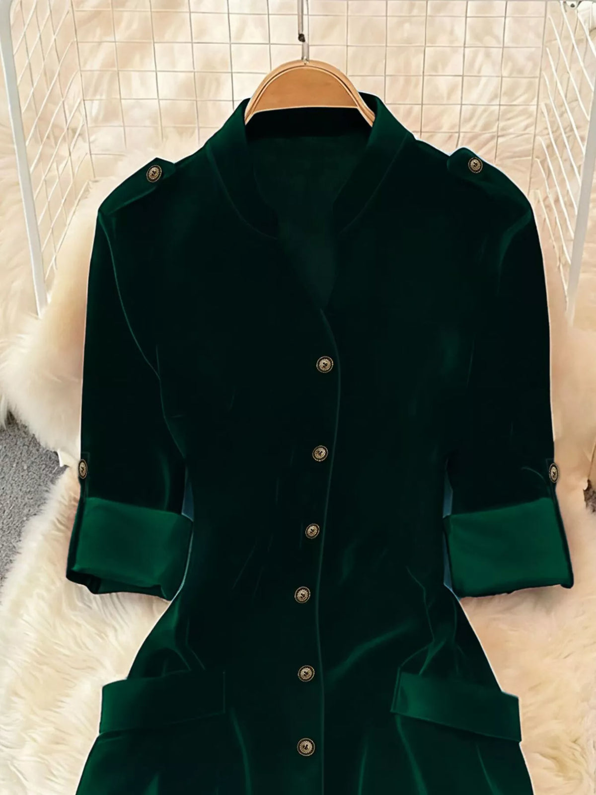 velvet button front midi dress seated styled look