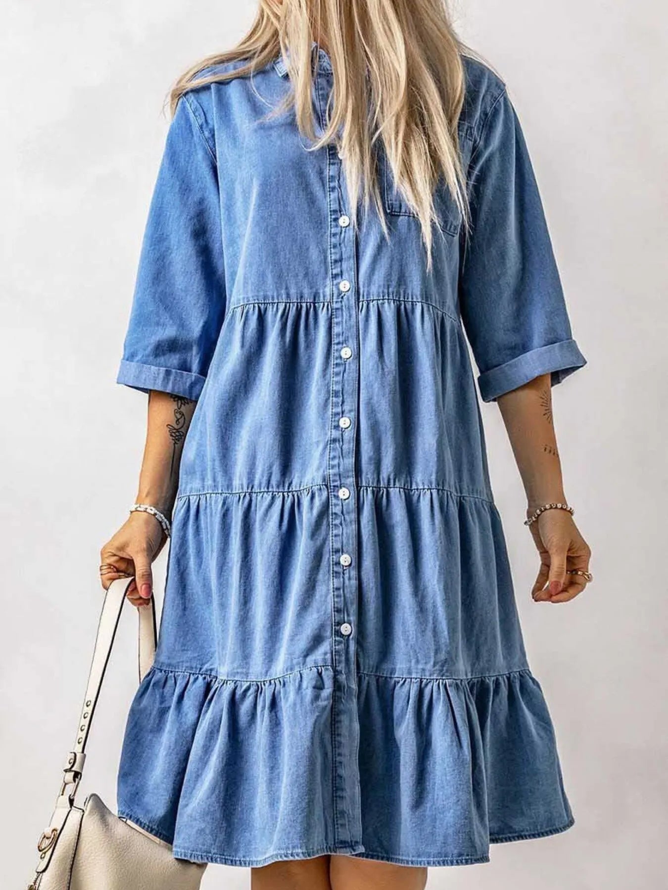 Full Size Ruffled Hem Button Up Denim Midi Dress Plus Size - Fashorio