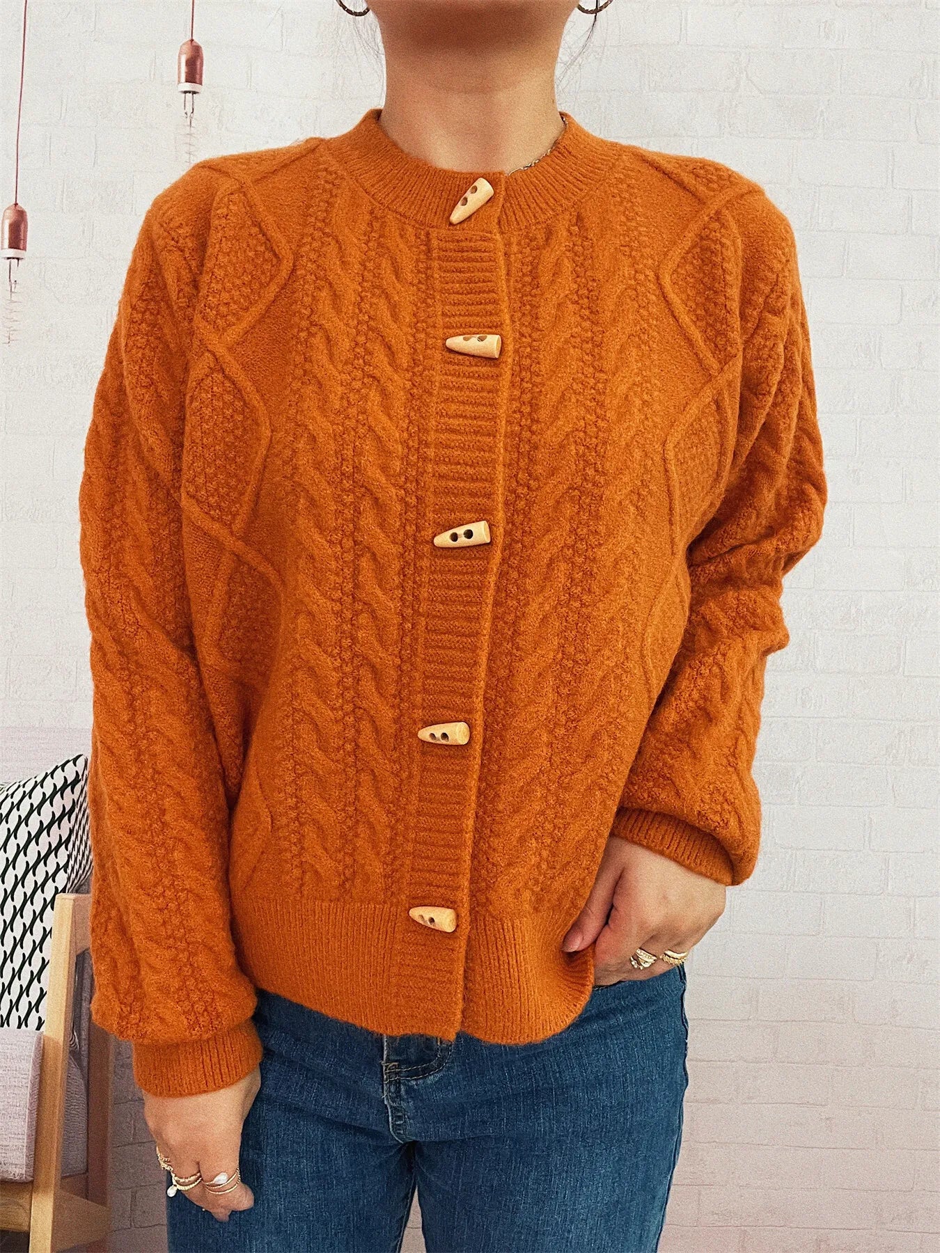 Cable Knit Button-Up Cardigan - Fashorio