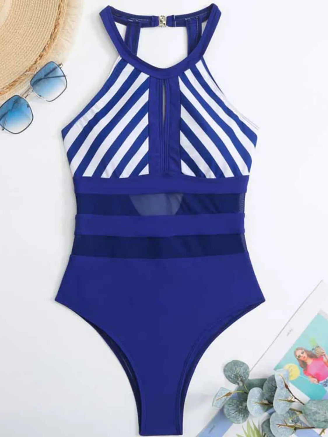 Mesh Detail Backless Striped One-Piece Swimsuit - Fashorio