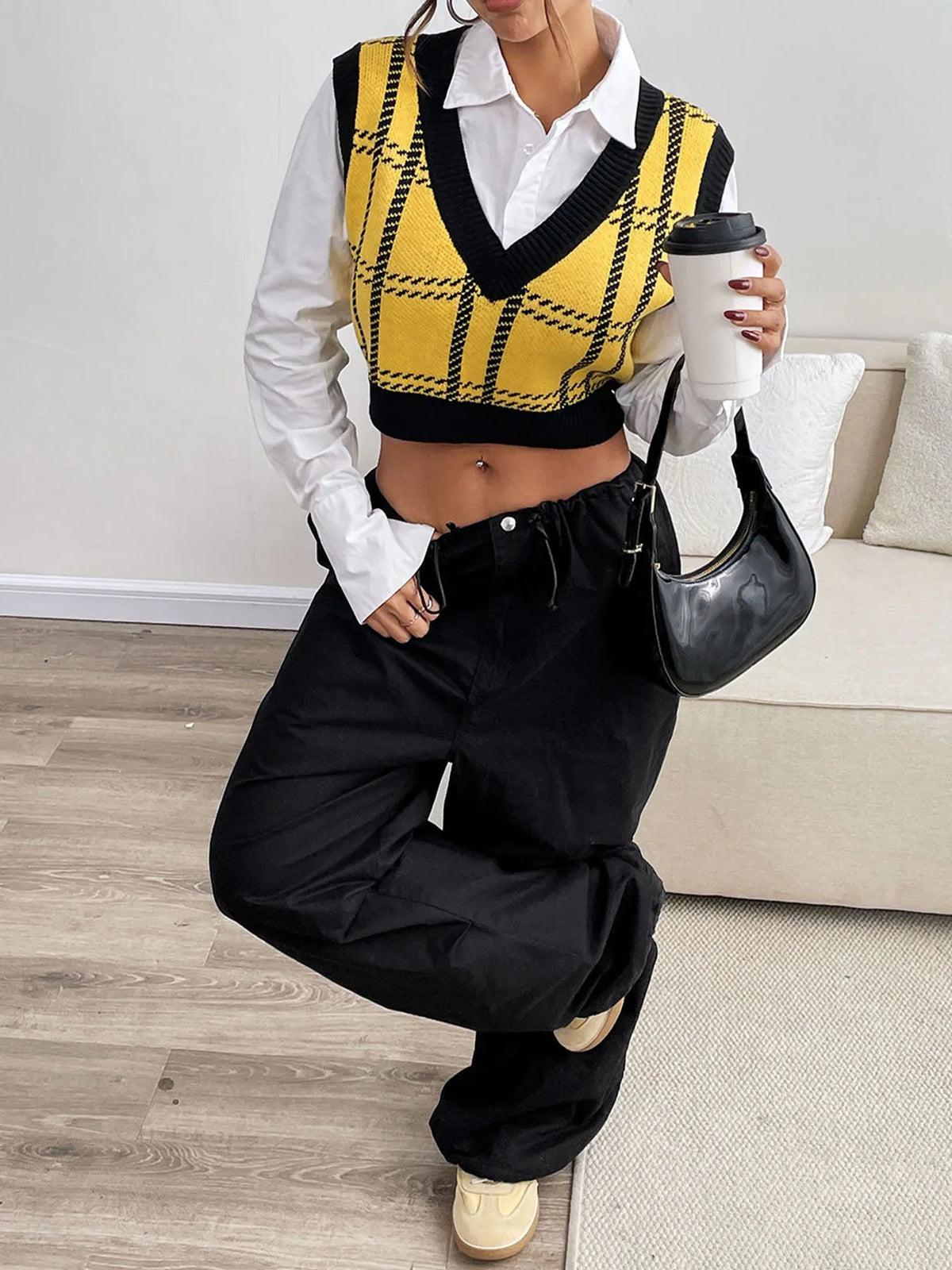 Plaid V Neck Cropped Sweater Vest on model