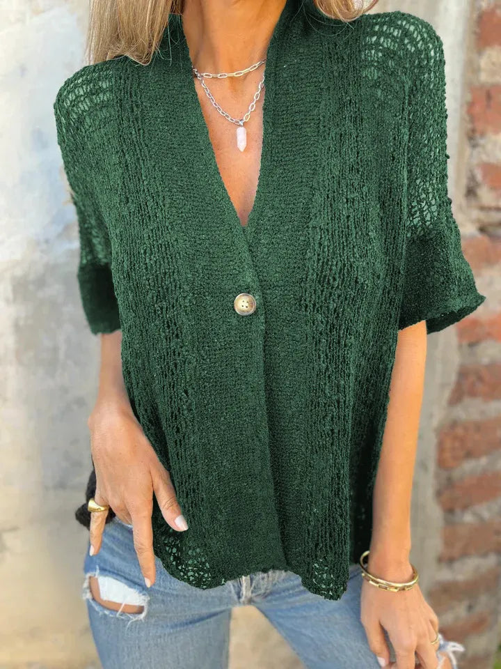 Full Size One Button Openwork Cardigan Plus Size Green - Fashorio
