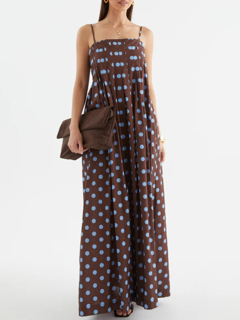 Polka dot smocked pleated maxi dress front view