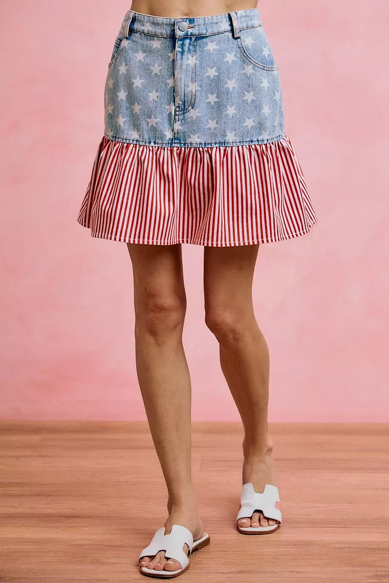 Stars and stripes fit and flare denim mini skirt front view