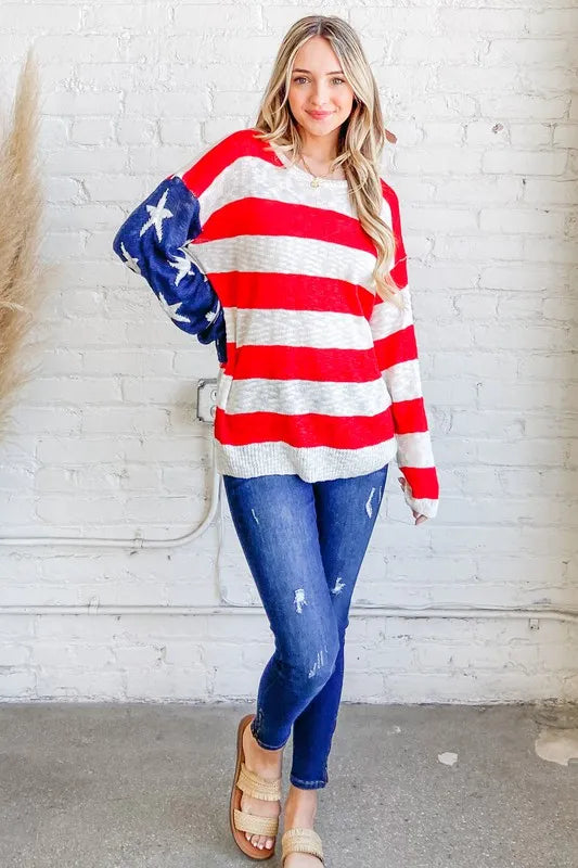 American Flag Long Sleeve Sweater in Red and Navy