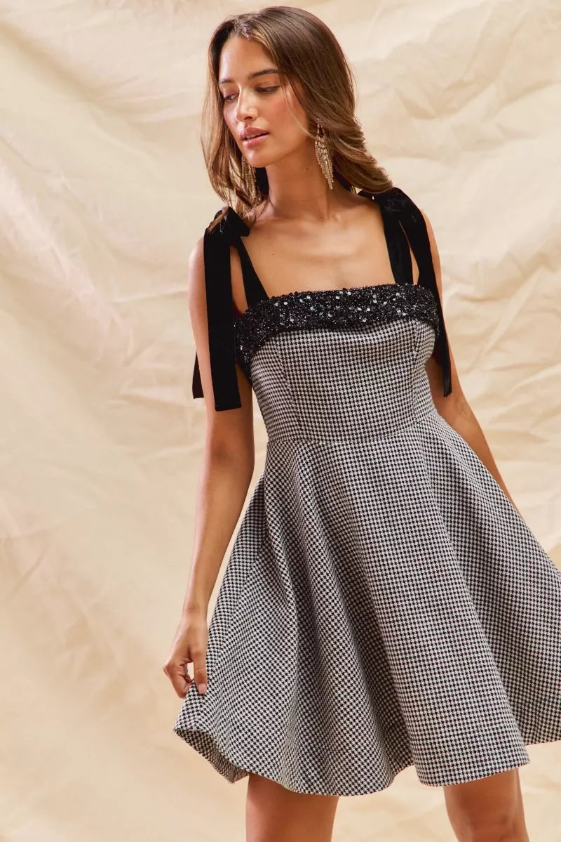 Houndstooth Fit and Flare Mini Dress in Black side view