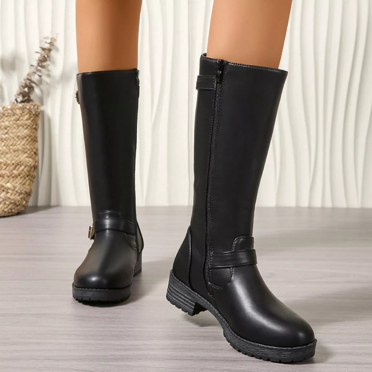 Round Toe Block Heel Ankle Boots angled three quarter view