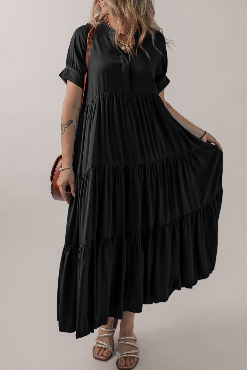 Black maxi dress with ruffle tiered skirt front view