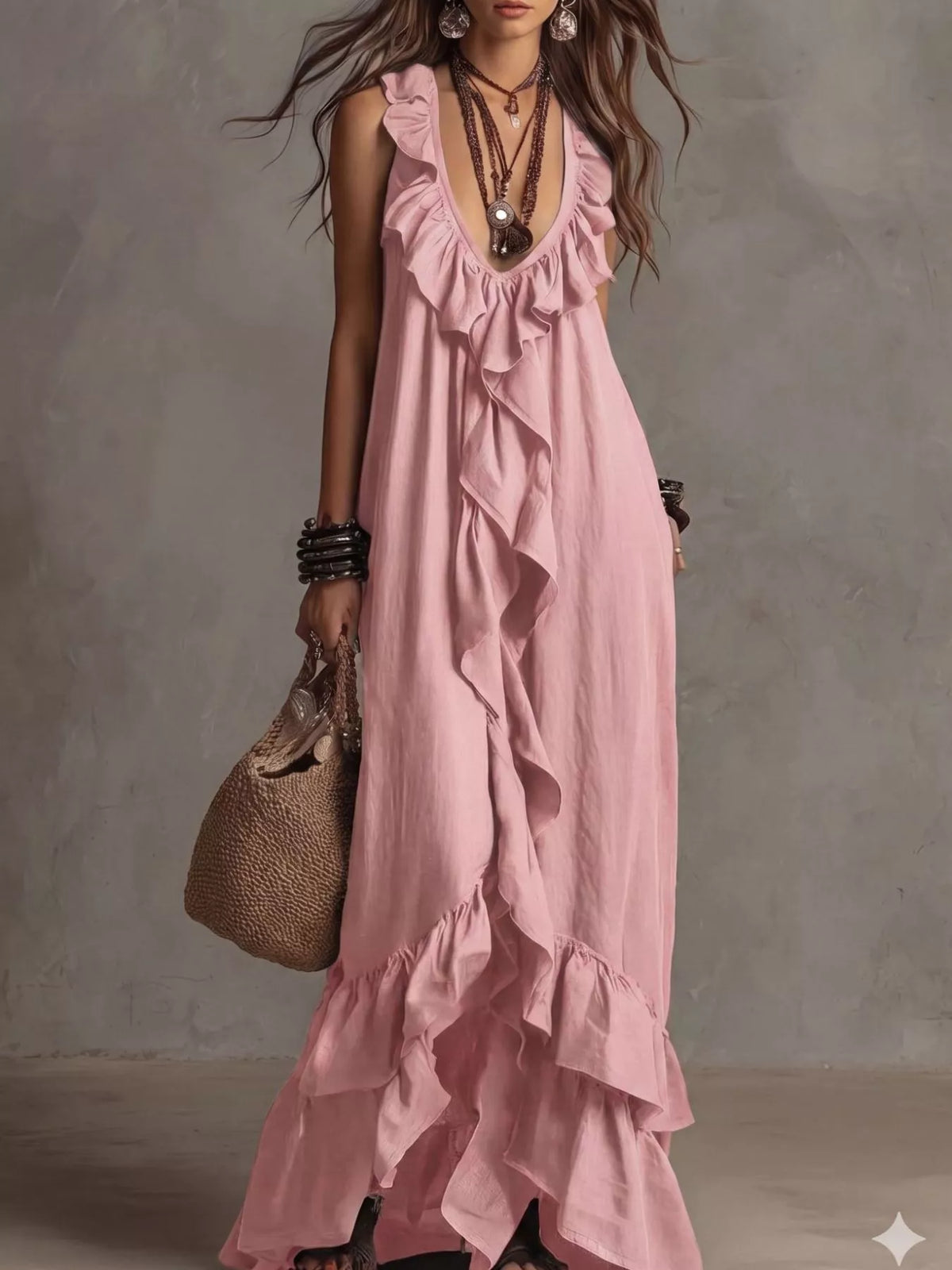 Ruffled sleeveless maxi dress side view