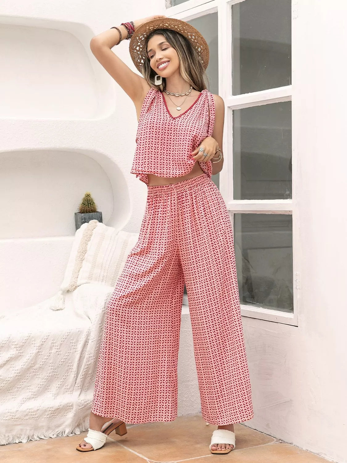 Gingham Tie Shoulder Top and Pants Set back view