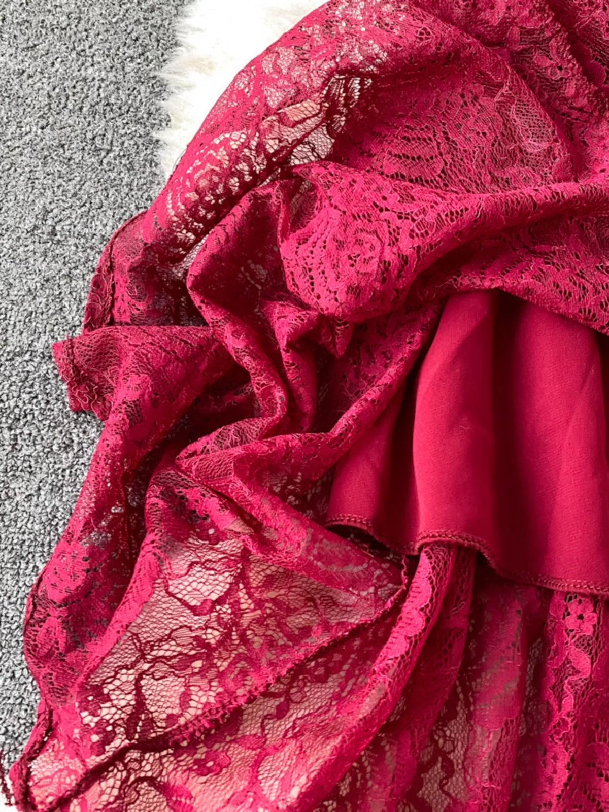 Ruffled mock neck lace maxi dress, close up view