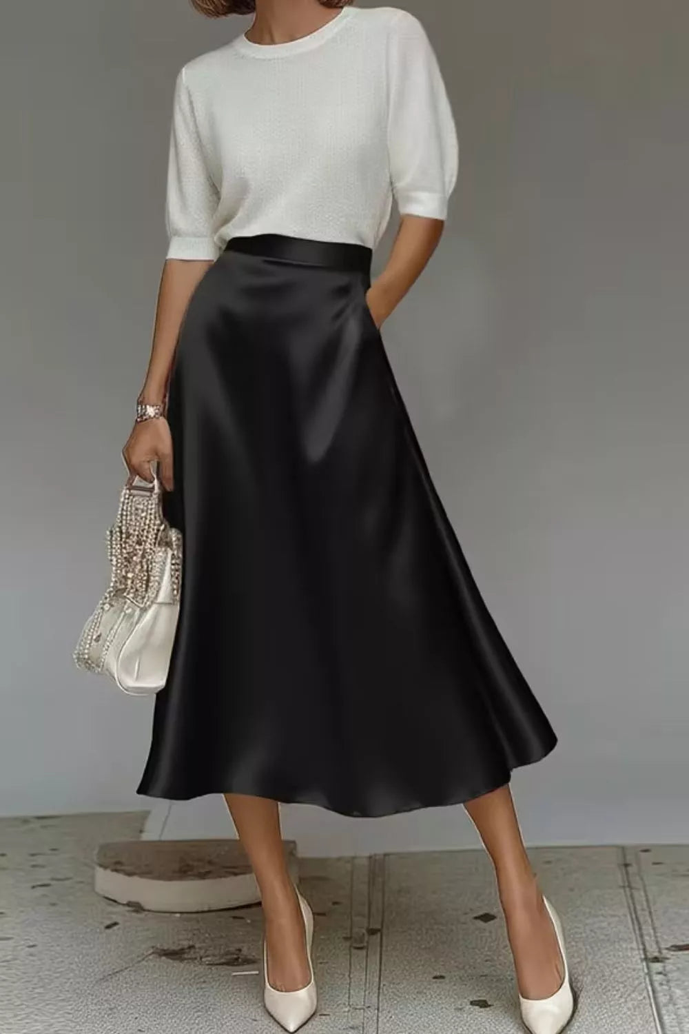 Satin A line midi skirt full length view