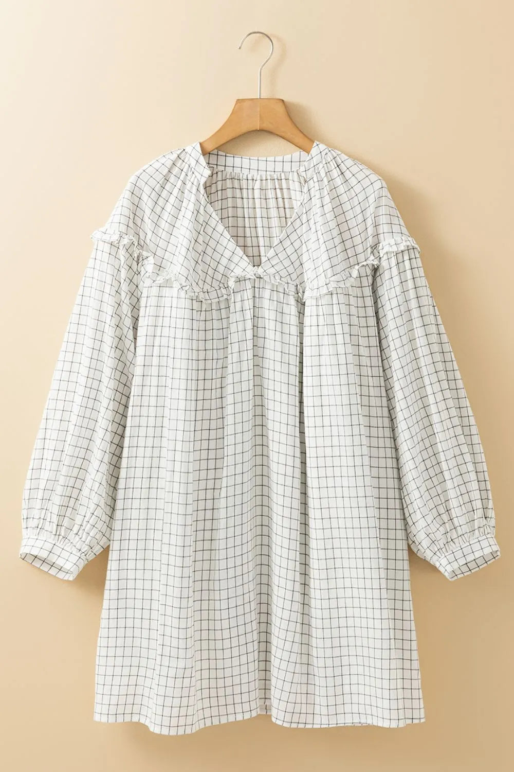 Frill Plaid Balloon Sleeve Mini Dress in White detail
