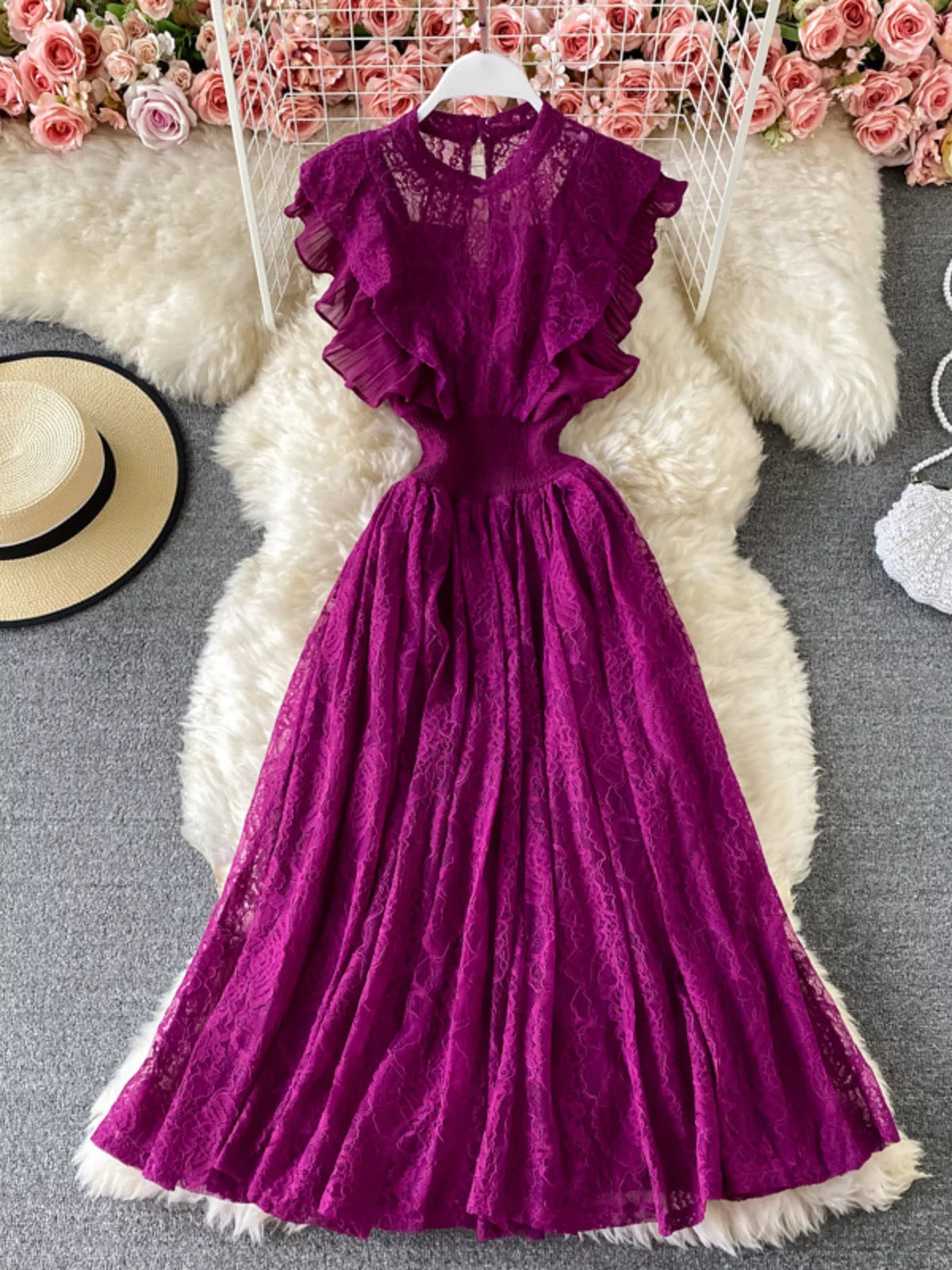 Ruffled mock neck lace maxi dress, styled look