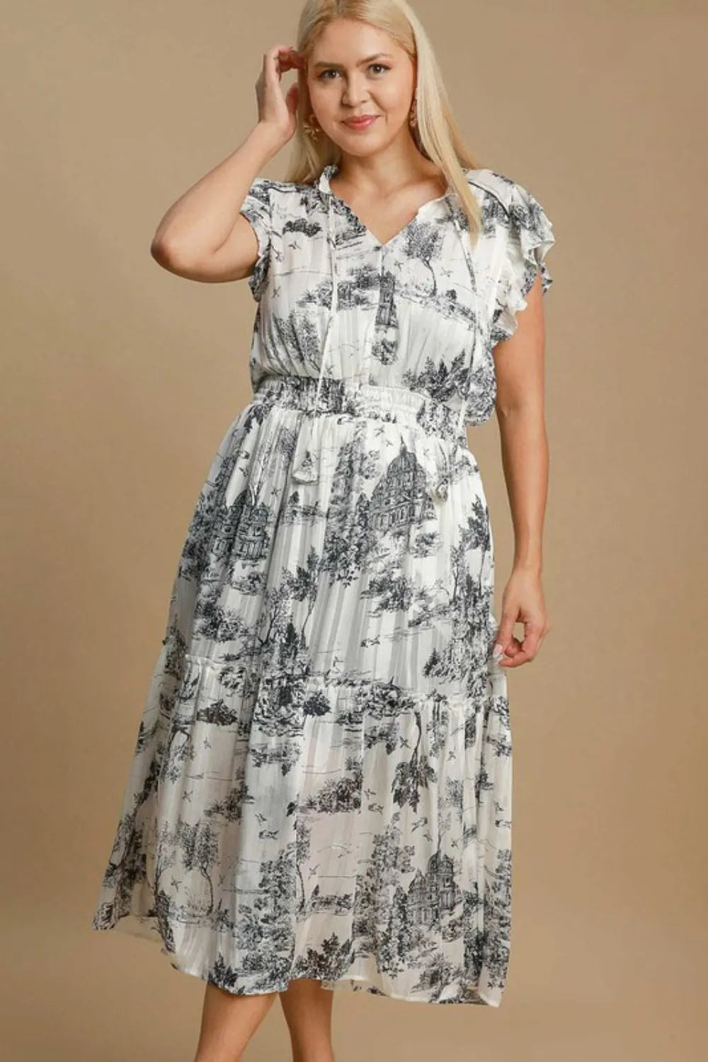 Two Tone Landscape Print Midi Dress back view