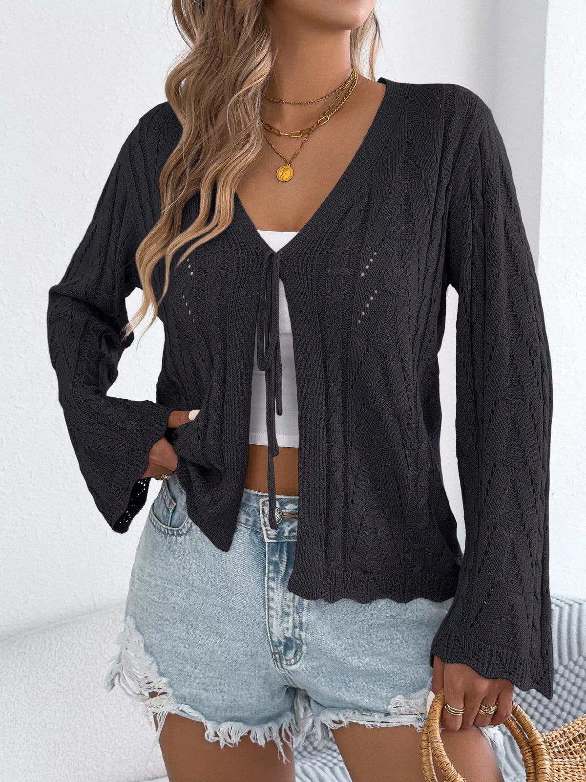 Openwork Tie Front Knit Cardigan, view 10