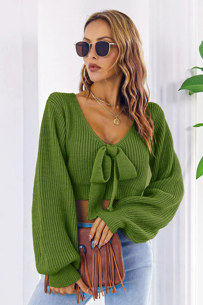Bow V-Neck Long Sleeve Cropped Sweater - Fashorio